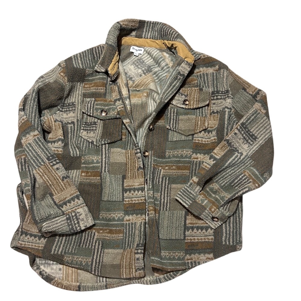 Prissy Jane Womens 2XL Fleece Shacket Geometric Patchwork Button Front Jacket